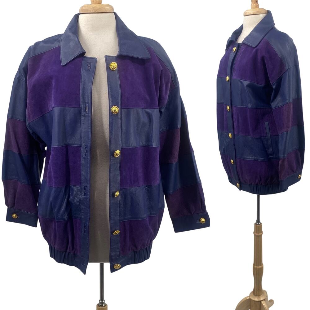 Vintage 80s Leather & Suede Striped Jacket Gold Button Front Purple Blue XL